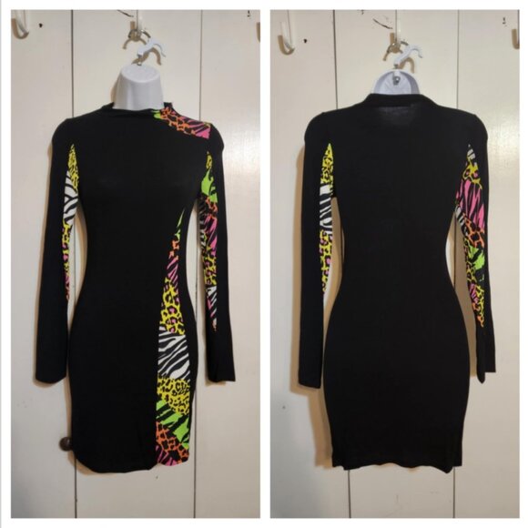 Small GoJane Black Neon Animal Print Zebra Stripe Leopard Print Bodycon Dress - Picture 1 of 5